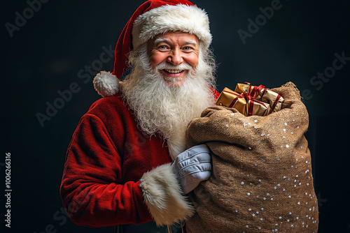 A man dressed as Santa Claus holding a sack full of presents