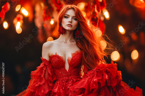 A woman in a red dress standing in front of a string of lights