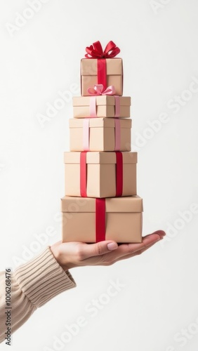 Stack of gift boxes, human hand holding festive packages with ribbons, holiday presents, gift-giving concept