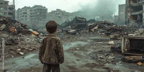 A Child Standing Alone in War-Torn Ruins Surrounded by Destruction