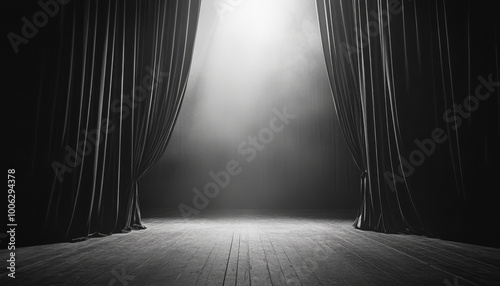 Black velvet curtains are drawn open to reveal an empty stage illuminated by a bright spotlight, with a haze of smoke filling the air.