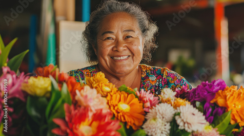 Vibrant Pacific Islander Woman with Fresh Flowers