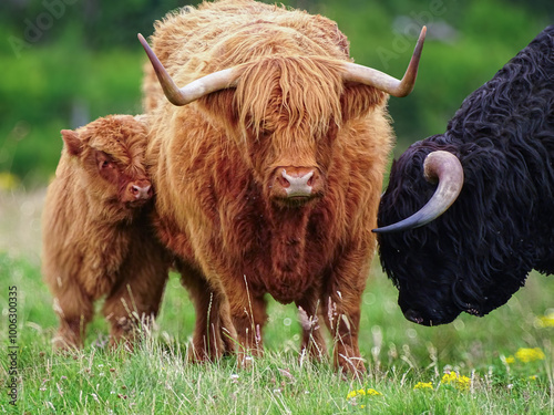 Family of scottish cattle in the meadow