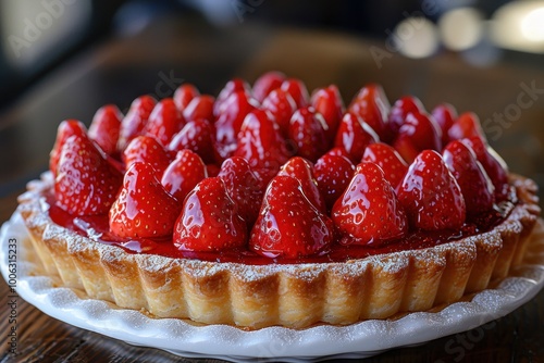 Tarte aux Fraises A beautiful Tarte aux Fraises with fresh strawberries arranged on a pastry crust, topped with a shiny glaze.