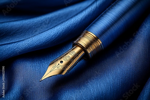 A luxurious gold and blue fountain pen rests on smooth, blue silk.