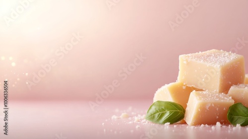 Small, cubed pieces of Parmesan cheese are neatly lined up on a pastel pink background, complemented by scattered fresh basil leaves for an appealing culinary display