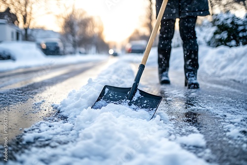 Man cleans snow from the sidewalk