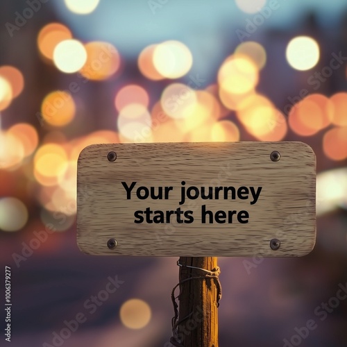 Your journey starts here placard with bokeh background