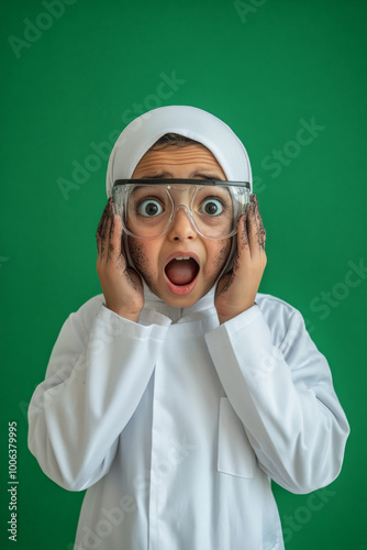 Arabian girl scientist, soot-covered cheeks and lab glasses askew, surprised after an experiment, standing against a green background.