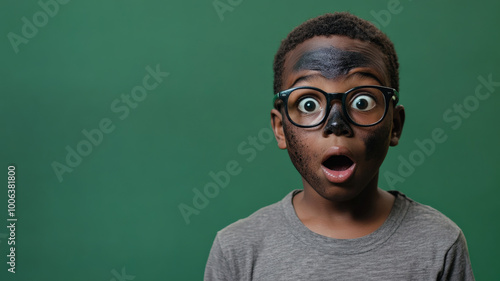 Black boy with soot on his face, lab glasses slightly askew, wide-eyed in surprise, standing against a green background.