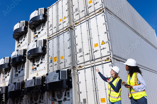 Female Workers Inspecting and Managing Reefer Container Units at a Shipping Yard, Ensuring Temperature Control for Refrigerated Cargo