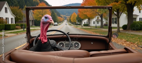 A family adventure with a friendly turkey taking the wheel on Thanksgiving Day