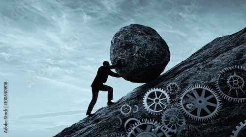 A figure pushing a large boulder uphill against a backdrop of abstract gears and cogs, proactive effort and initiative in overcoming obstacles