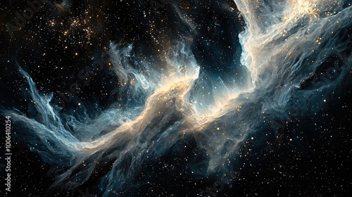 space nebula background. The lighting is dramatic and hints of silver, gold, and blue shimmer in the light on a black background. It evokes feelings 