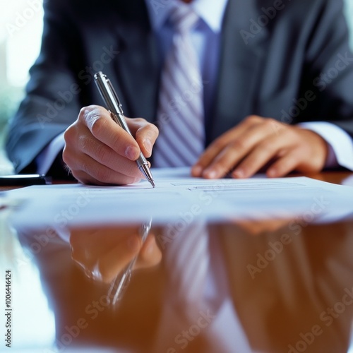 ## Business Consultant Signing Financial Contract in Modern Office