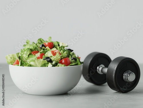 Dumbbells next to a bowl of salad, fitness and diet, 3D illustration