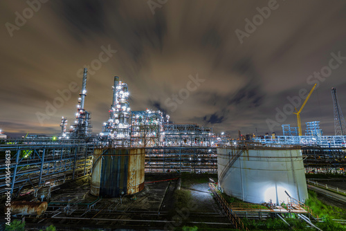 Oil​ refinery​ night and​ plant and tower column of Petrochemistry industry in oil​ and​ gas​ ​industrial with​ cloud​ flow