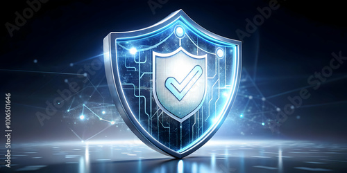 Holographic Election Security Shield: Close-Up of Rotating Glowing Shield Symbolizing Election Integrity with Security Features & Encryption on White Background