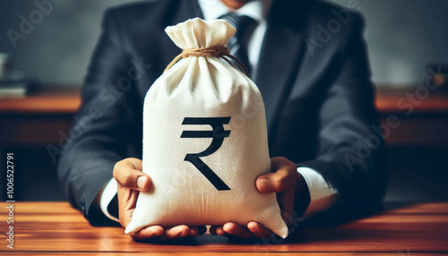 Businessman holds Indian rupee money bag for Property, business, shopping, earning, tax, pay, Trade, economics, bank, invest, loan related concept background