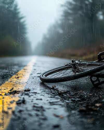 A bicycle lies abandoned on a rainy road, surrounded by fallen leaves, evoking a sense of solitude and quiet reflection.