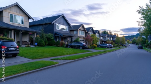 This peaceful suburban neighborhood features a row of modern two-story homes with well-maintained lawns, creating a serene evening ambiance with gentle shadows