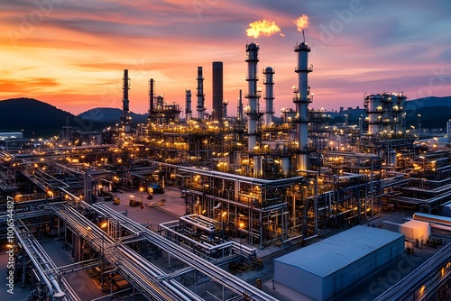 Aerial Panoramic View of a Sprawling Petroleum Refinery Complex at Dusk with a Vibrant Sunset Sky and Glowing Illumination from the Manufacturing Facility