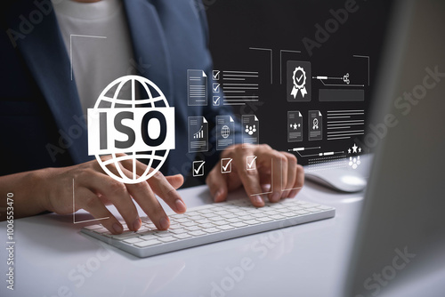 Digital ISO certification and compliance management, Business professional managing ISO certification and compliance using digital tools, focusing on quality assurance and documentation processes.