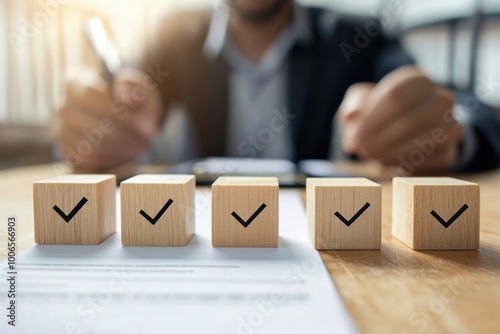 Decision-making options for wooden cubes featuring business professional in background: authenticated documents, project assessment consensus, and quality assurance review