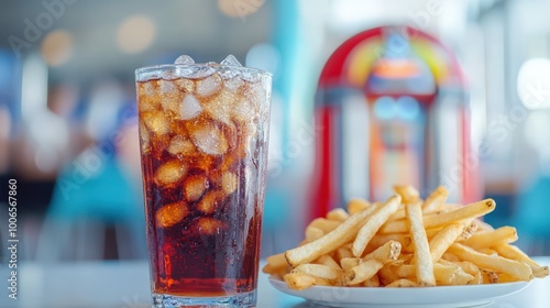 Glass of Cola and Fries in a Retro Diner