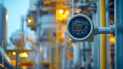 A close-up of an industrial pressure gauge in a bright, modern factory environment, highlighting precise engineering and technology.