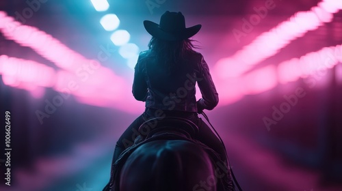 A mysterious rider in a cowboy hat sits atop a horse, surrounded by vibrant neon lights in an ambiguous indoor setting, creating an urban Western fusion feel.