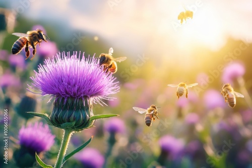 field of blooming milk thistle flowers with bees, promoting organic herbal remedies great concept