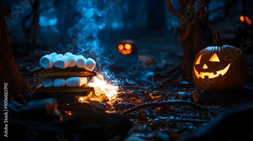 Spooky S mores Ghostly Marshmallows Toasted Over a Crackling Campfire in the Eerie Forest