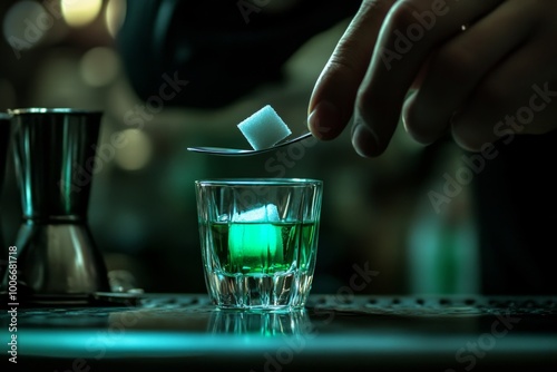 Crafting the perfect absinthe drink: sugar cube ritual in enchanting bar setting