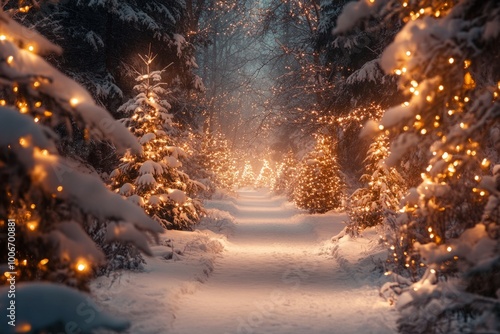 Snow falling on idyllic forest path lit with christmas lights