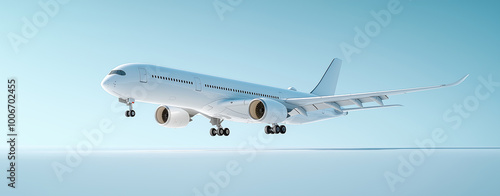 Wide angle shot of a passenger plane flying above the clouds and a clear sky, shot in high resolution ,soft style.