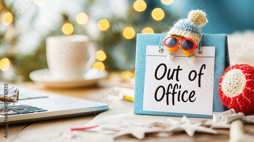 A playful "Out of Office" note displayed on a desk, adorned with a cute hat and sunglasses, capturing the festive spirit of a holiday break amidst a warm and cozy workspace setting.