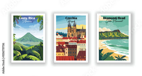 Costa Rica, America, Czechia Prague, Diamond Head State Monument, Hawaii - Set of 3 Vintage Travel Posters. Vector illustration. High Quality Prints