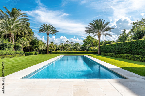 a large outdoor pool with depth and palm trees in the background, grey patio tiles around it.