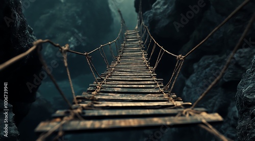 Rustic wooden suspension bridge in a misty forest setting, hanging over a deep ravine with rocky walls.