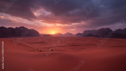 A low-angle view captures a vast desert landscape at sunset, showcasing reddish sand dunes and jagged rocks beneath a colorful sky, with long shadows captivating the scene