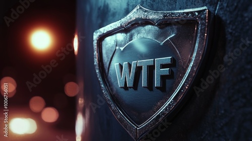 A striking image of a metal shield bearing the letters 'WTF', illuminated dramatically against a dark backdrop.