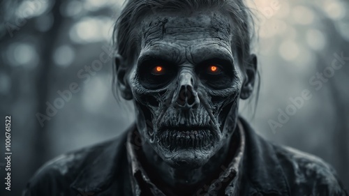 abstract eerie glowing gray closeup of a Halloween zombie on misty background, bokeh background