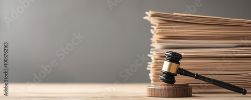 Gavel on wooden base with voluminous legal files, representing complex legal cases and justice system challenges