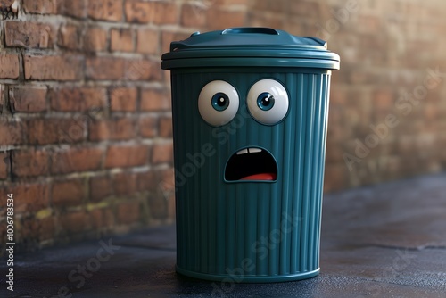 3D illustration of sad face trash can full of garbage