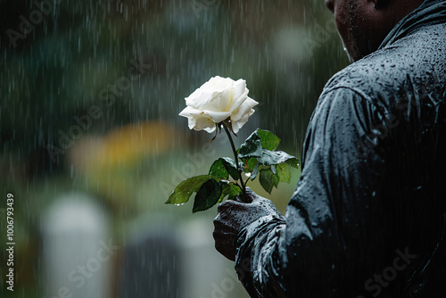 Man Holding White Rose in the Rain at Funeral