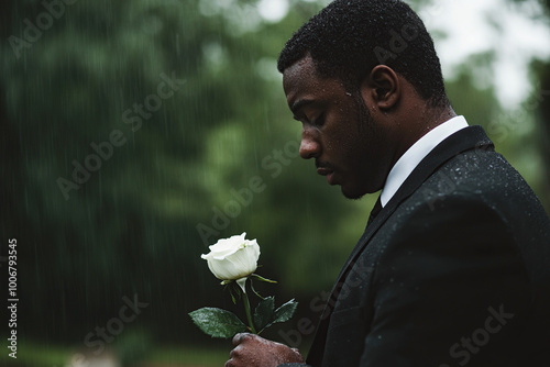 Thoughtful Man with White Rose in the Rain at Funeral