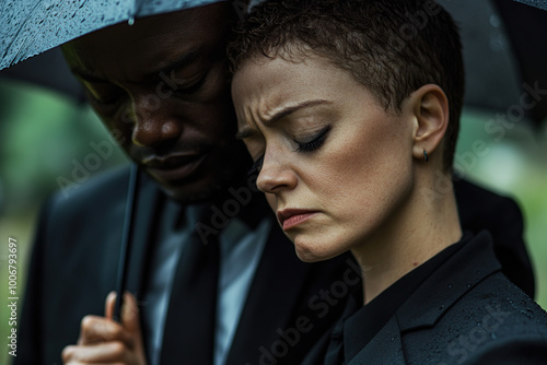 Man with Umbrella Holding Wife at Funeral