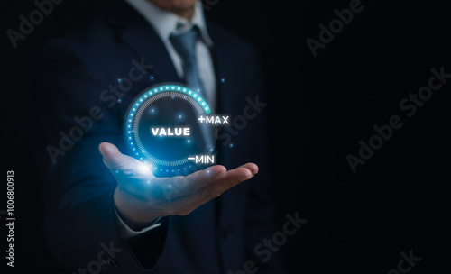 Businessman showing value added graph with virtual screen on hand, concept of value added and business services, benefits, growth, quality control and achievement goal evaluation