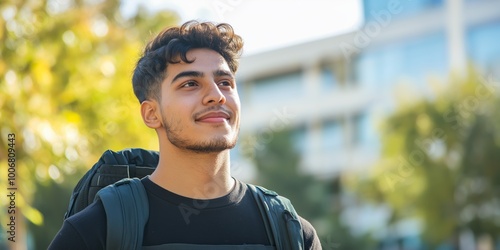 A young man with a backpack and a smile on his face. He is looking up at the sky